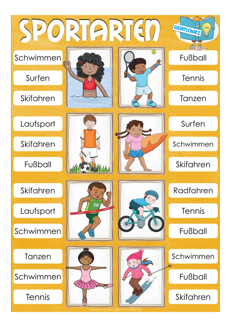 First vocabulary sheet: Schwimmen (swimming), Tennis, Fußball (soccer), Surfen (surfing), and four more.