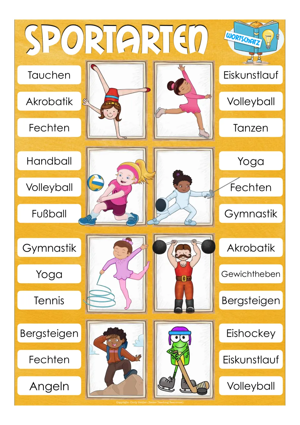 Second vocabulary sheet: Akrobatik (acrobatics), Fechten (fencing), and six more illustrated sports.