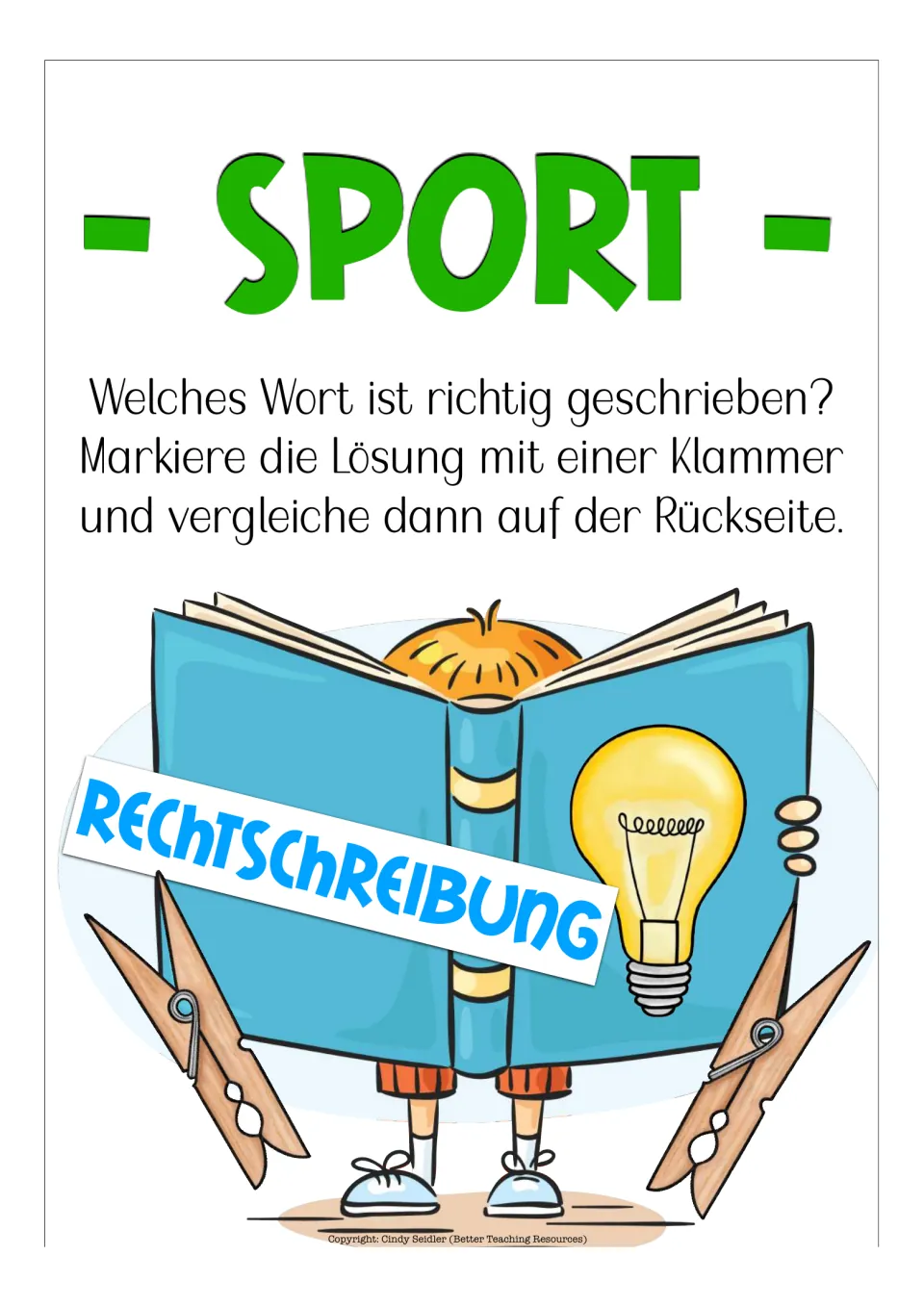 Spelling directions: choose the correctly spelled sports word, mark it with a clip, and check the back.