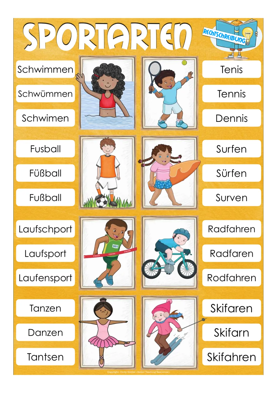First spelling sheet: choose Schwimmen (swimming), Fußball (soccer), and six more from spelling options.