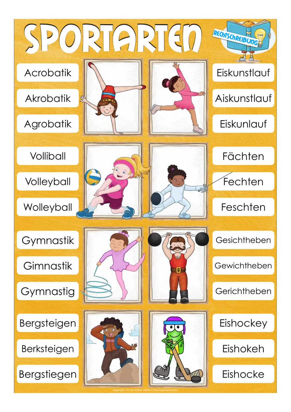 Second spelling sheet: choose Akrobatik (acrobatics), Fechten (fencing), and six more from spelling options.