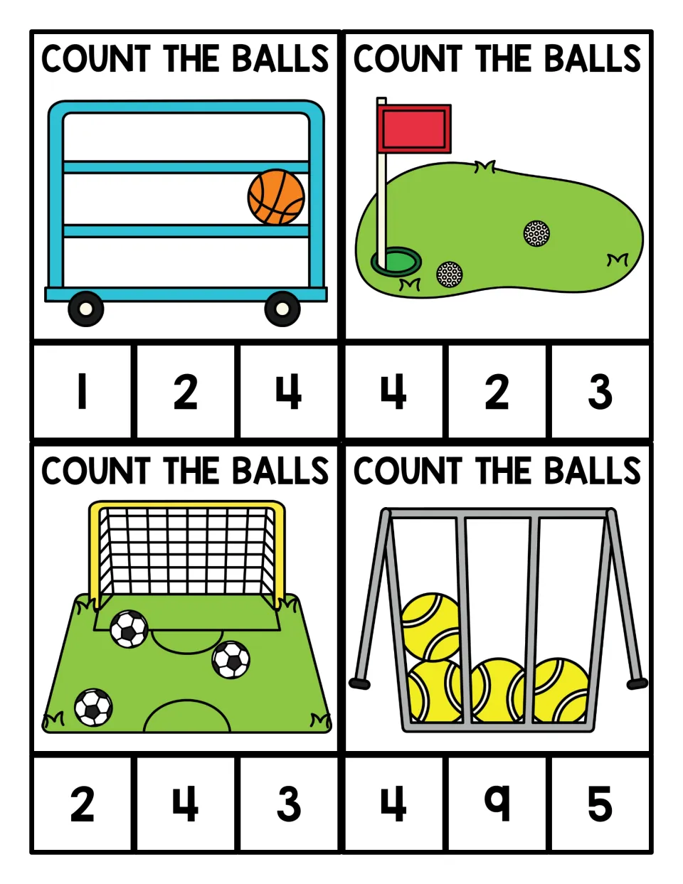 Count the balls: students count 1 to 4 basketballs, golf, soccer or tennis balls and clip the matching number