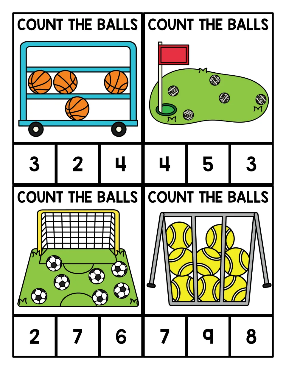Counting balls to 8: students count 4 basketballs, 5 golf balls, 7 soccer balls and 8 tennis balls then clip each numeral