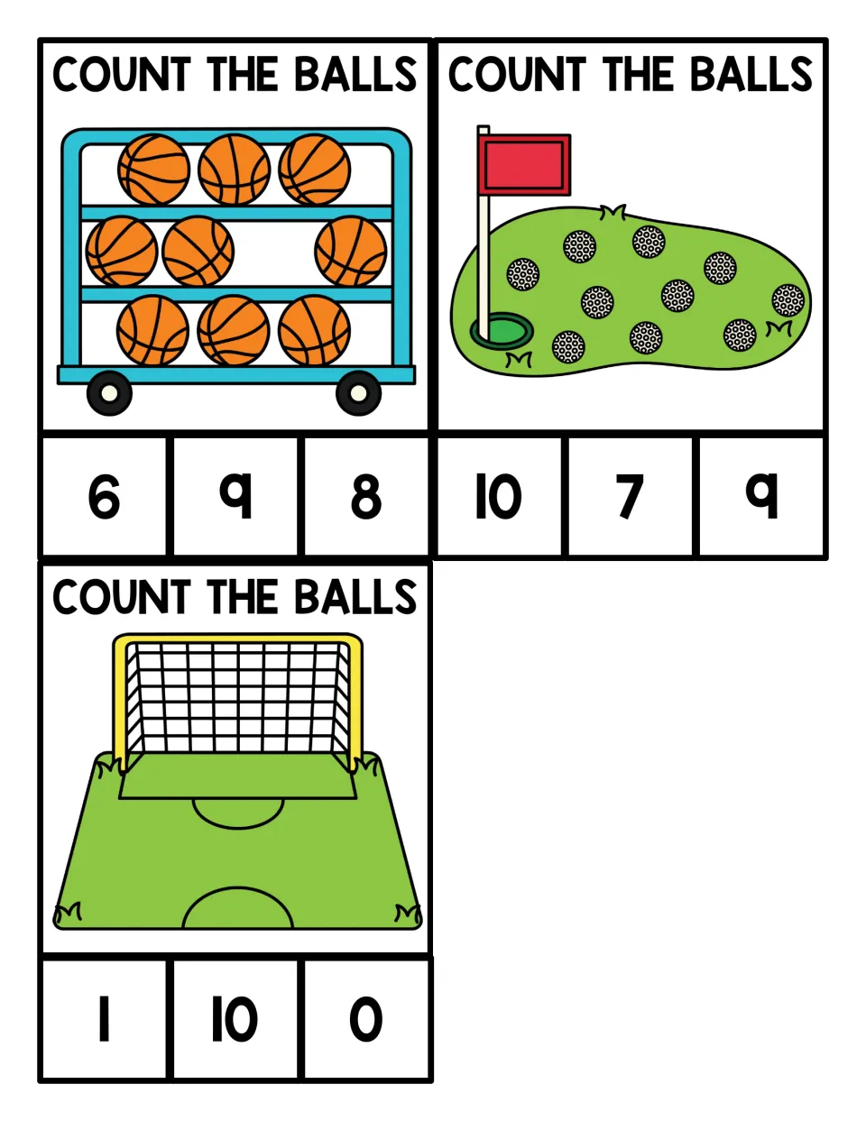 Counting to 10 and zero: students count 9 basketballs, 10 golf balls and an empty soccer field, then clip 9, 10 or 0