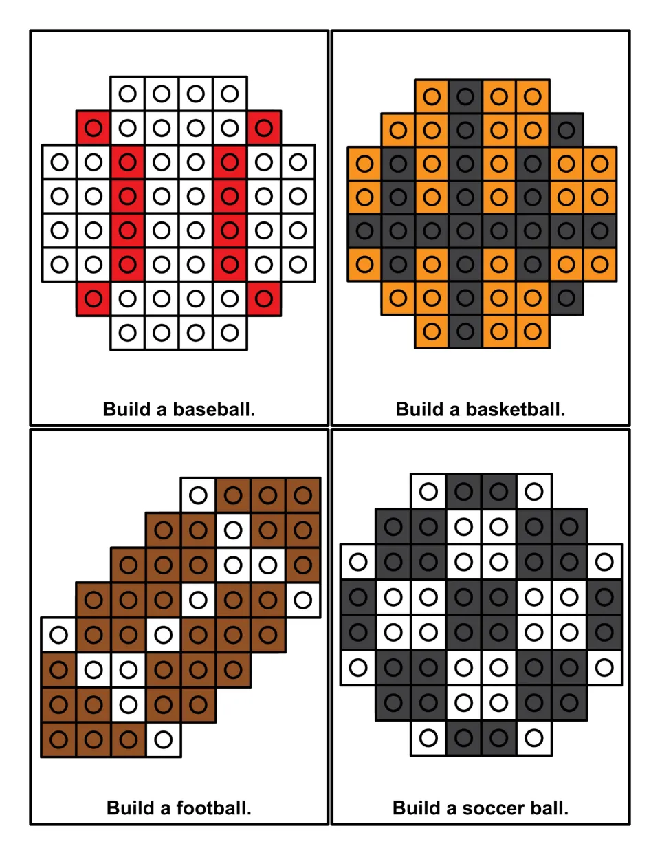 Sports ball cube cards: students copy color patterns to build a baseball, basketball, football and soccer ball
