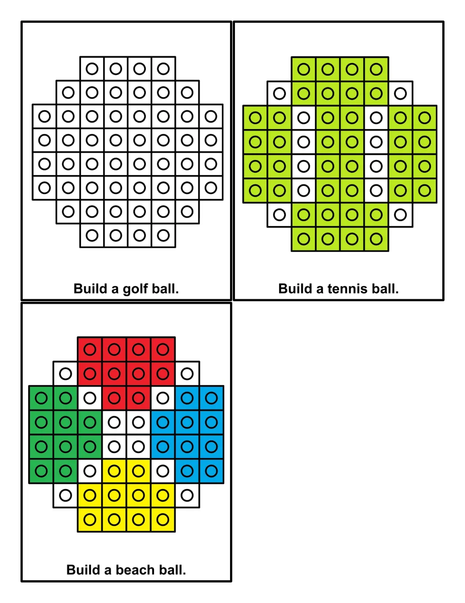 More ball pattern cards: students build a white golf ball, green tennis ball and red, blue, green and yellow beach ball