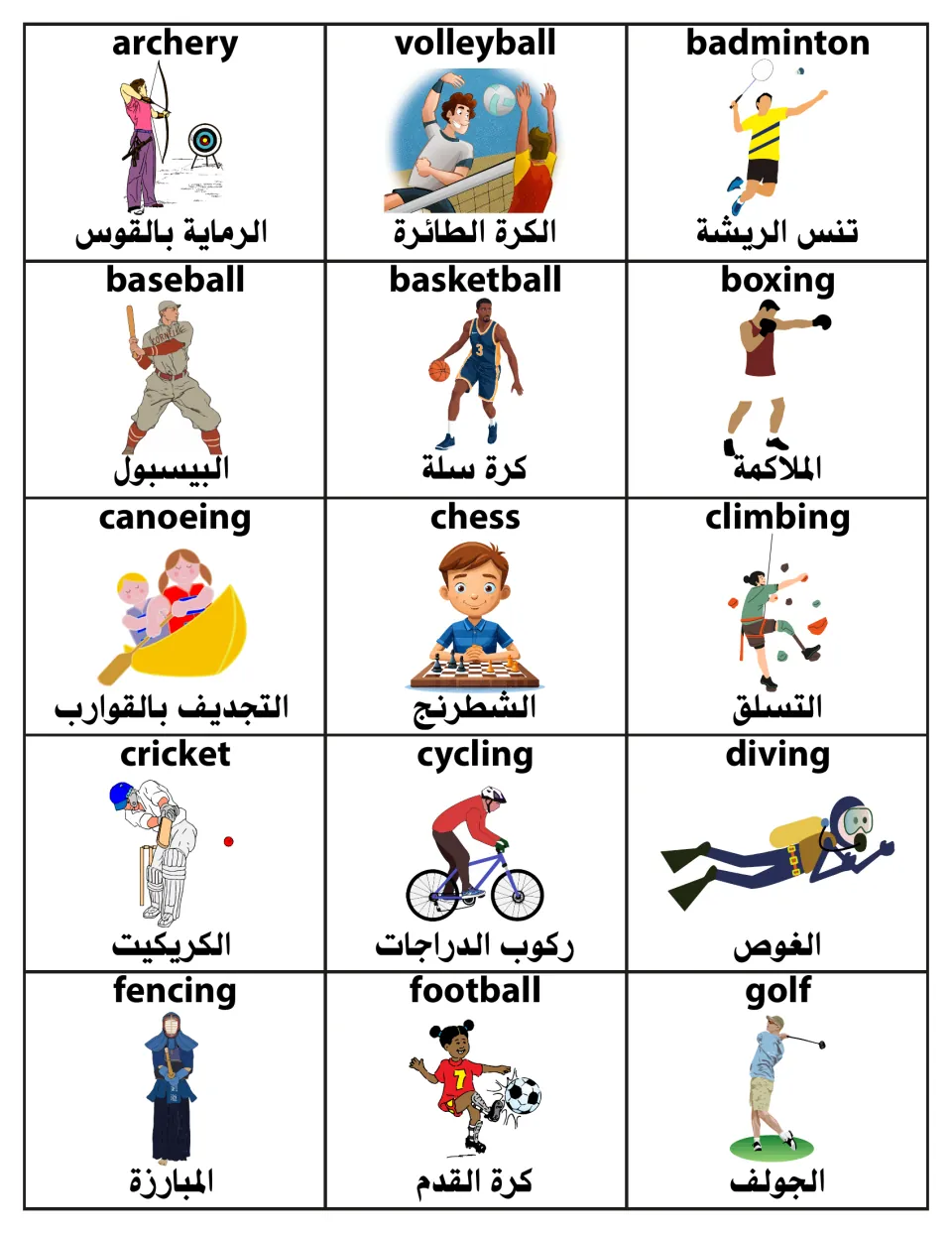 Sports vocabulary cards: 15 pictured sports from archery to golf, each labelled with its English word and Arabic name