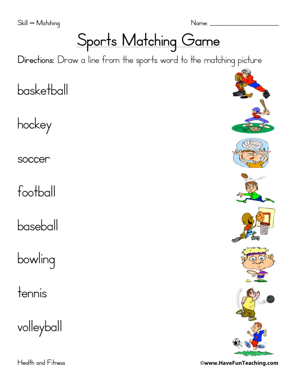 Sports Matching Game: students draw a line from 8 sports words like hockey, tennis and bowling to the matching picture