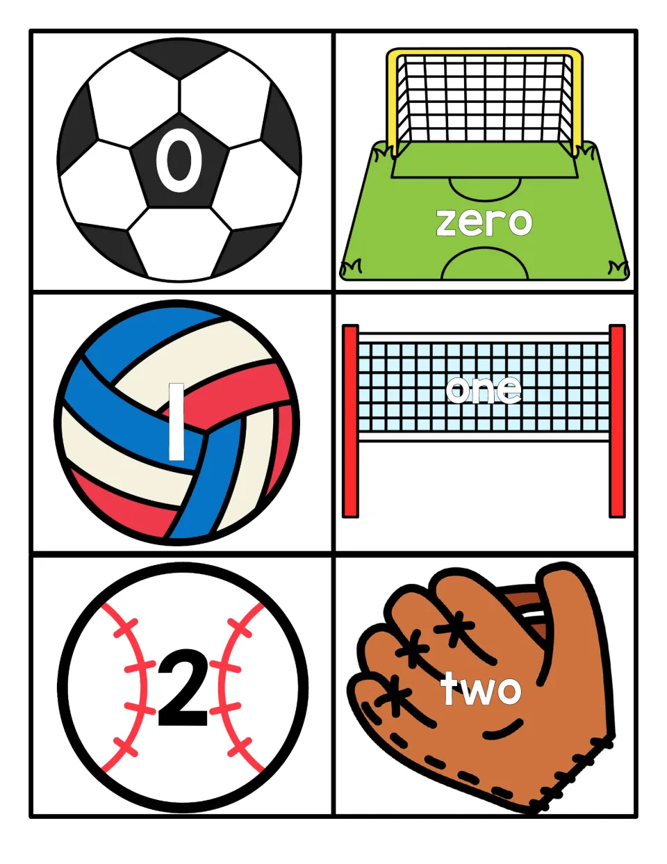 Numbers 0 to 2: numeral cards on a soccer ball, volleyball and baseball pair with zero, one and two word cards