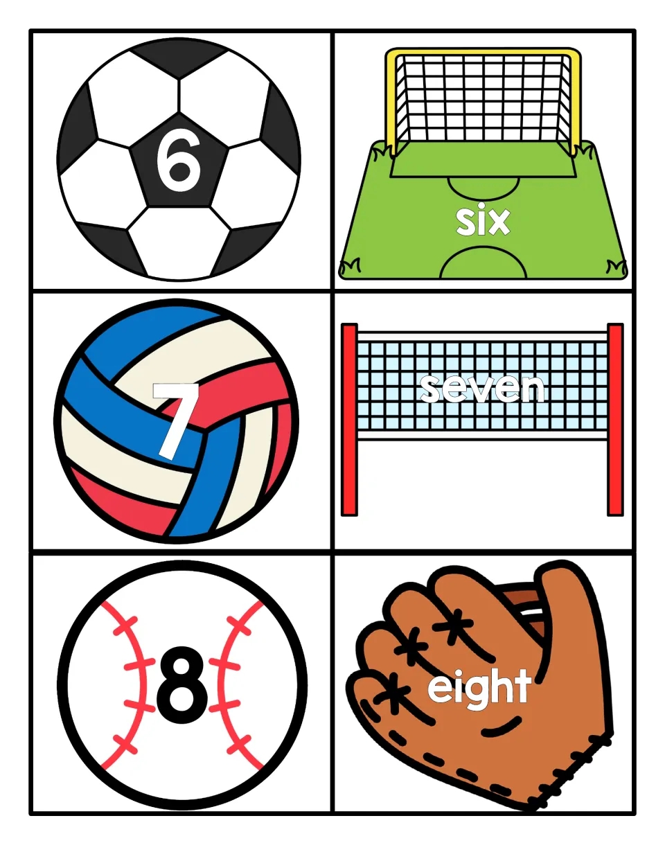 Numbers 6 to 8: soccer ball, volleyball and baseball numeral cards paired with six, seven and eight on matching pictures
