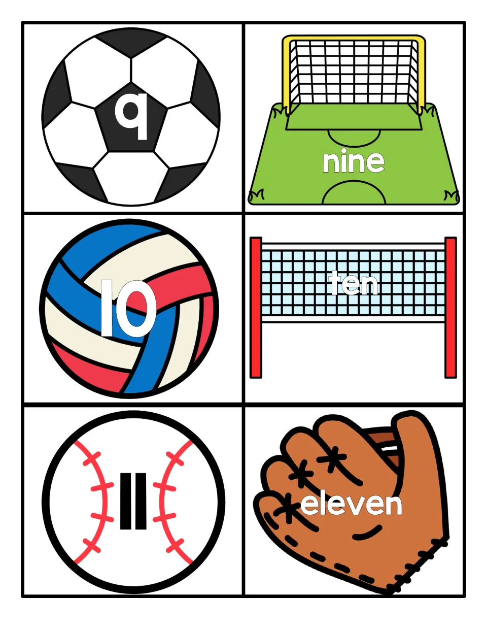 Numbers 9 to 11: students pair the numerals 9, 10 and 11 on sports balls with nine, ten and eleven on goal, net and glove