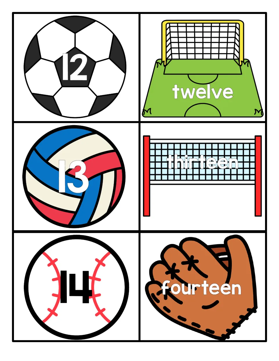 Numbers 12 to 14: numerals on a soccer ball, volleyball and baseball match twelve, thirteen and fourteen word cards