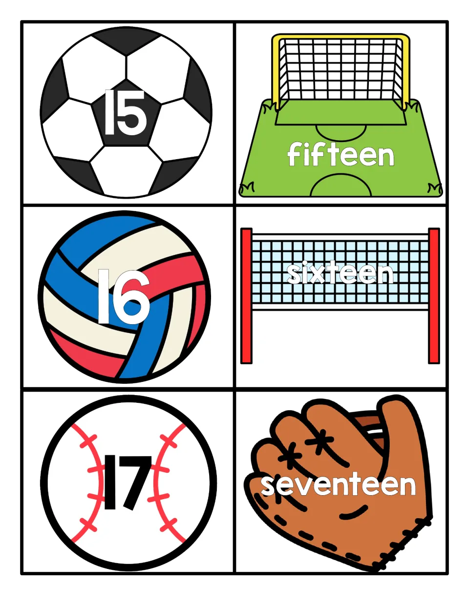 Numbers 15 to 17: students match 15, 16 and 17 on sports balls to fifteen, sixteen and seventeen on goal, net and mitt