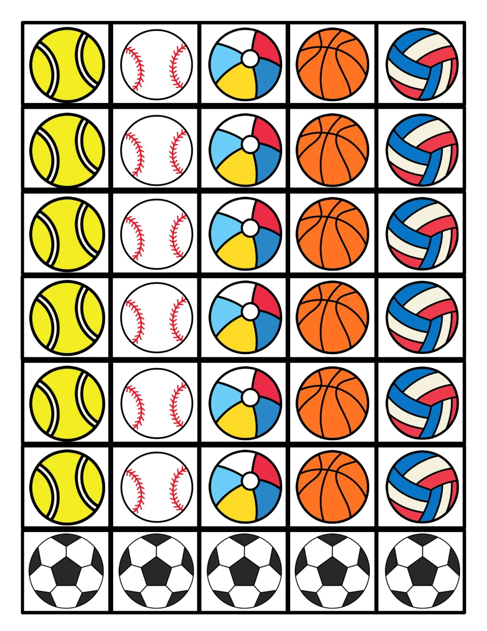 Pattern pieces: 35 cut-out cards of tennis, beach, soccer and other sports balls students use to copy and extend patterns