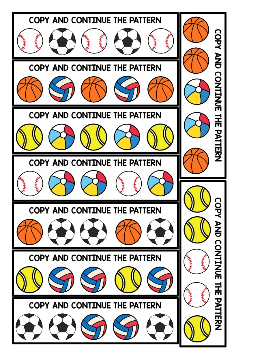 Copy and continue the pattern: 9 strips of AB, ABB and AABB sports ball patterns students extend with ball cards