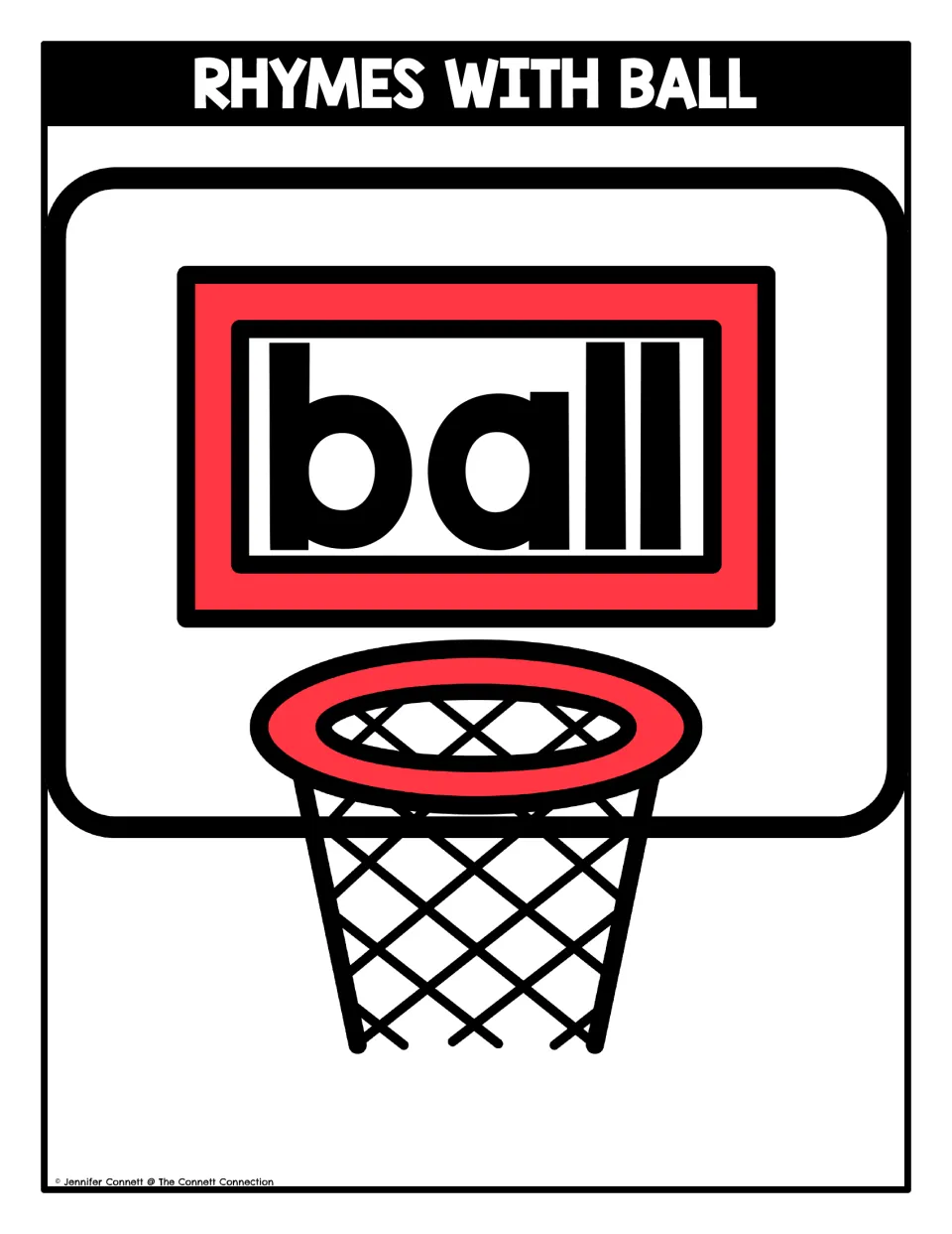 Rhyming sort mat titled Rhymes With Ball: a basketball hoop showing the word ball, where students place rhyming cards