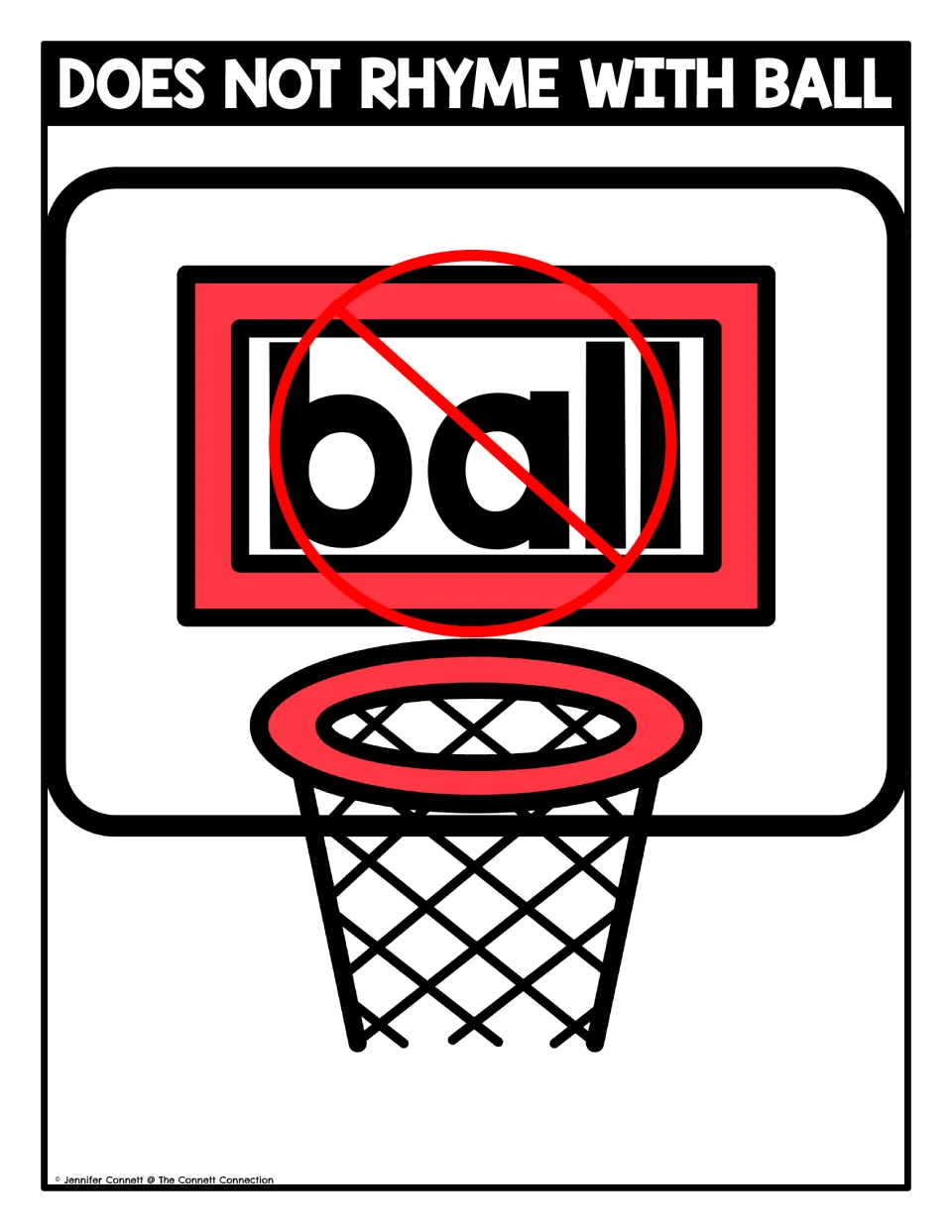 Rhyming sort mat titled Does Not Rhyme With Ball: the word ball crossed out on a hoop, for cards that do not rhyme