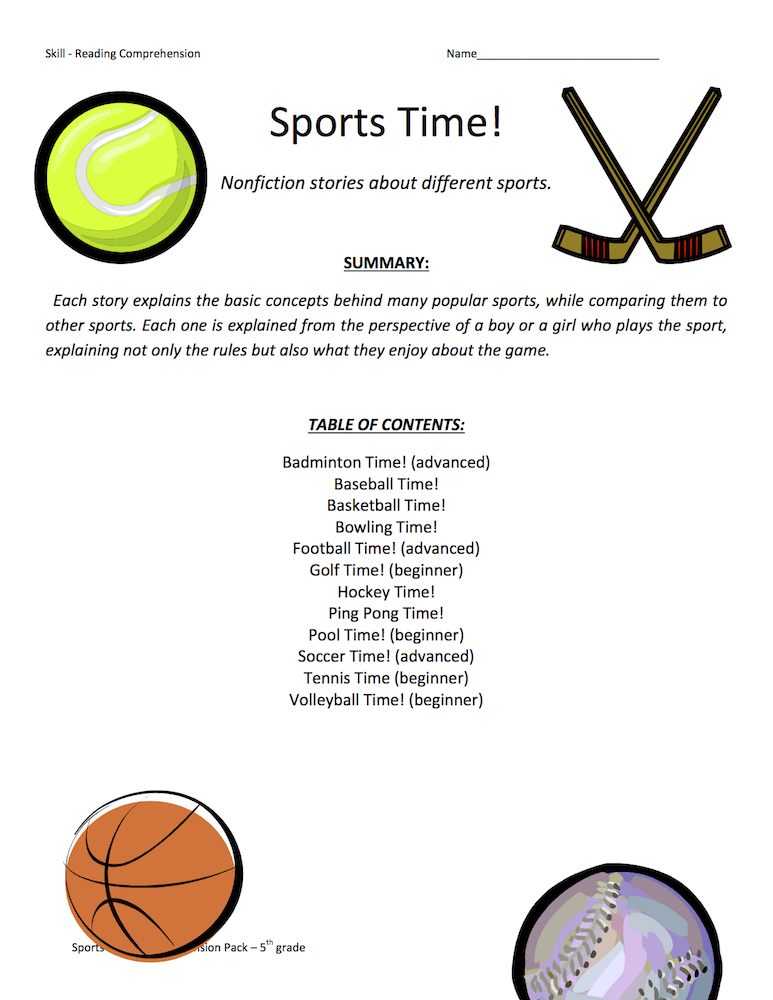 Sports Time Reading Comprehension Test Collection by Teach Simple