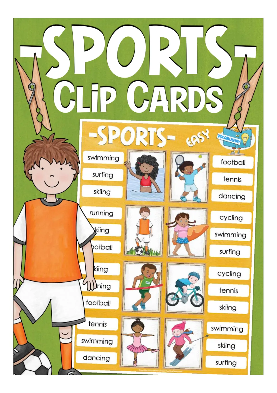 Sports Clip Cards cover showing an easy vocabulary card of 8 sports pictures, each with 3 word choices to clip