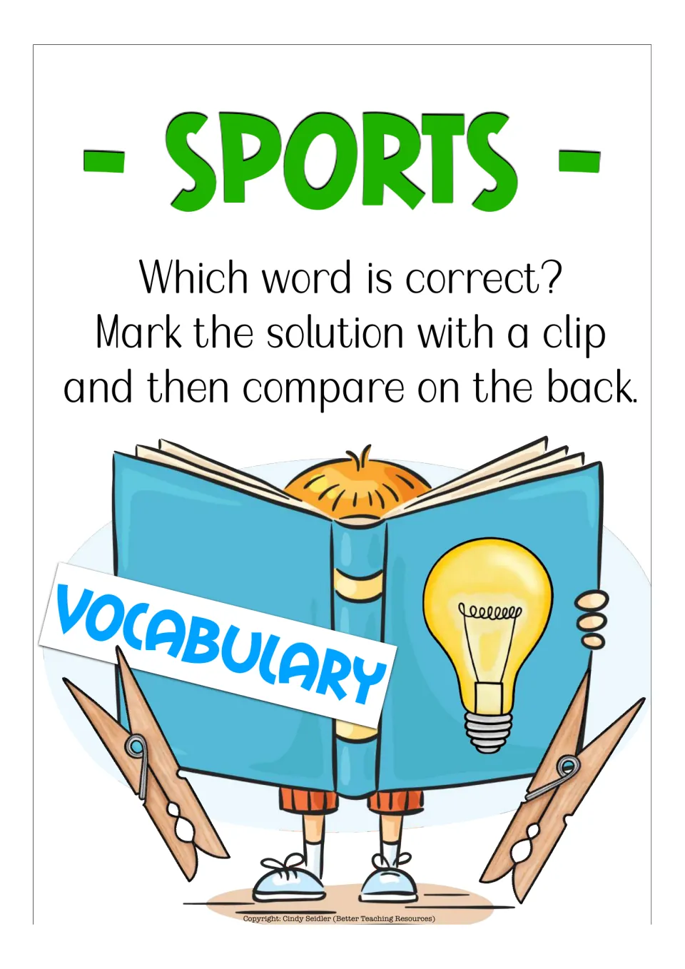 Vocabulary section title: students decide which word is correct, mark it with a clip, then compare on the back