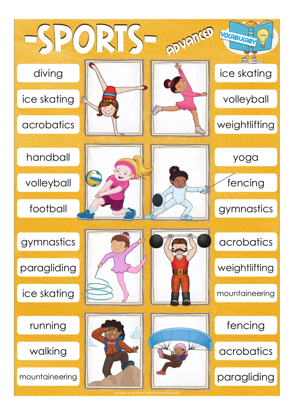 Advanced sports vocabulary: students clip the right name for 8 pictures, like fencing, paragliding and weightlifting