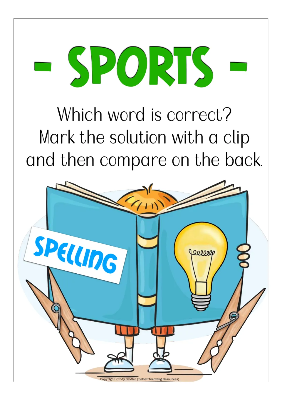 Spelling section title: students pick the correctly spelled sports word, mark it with a clip and check on the back
