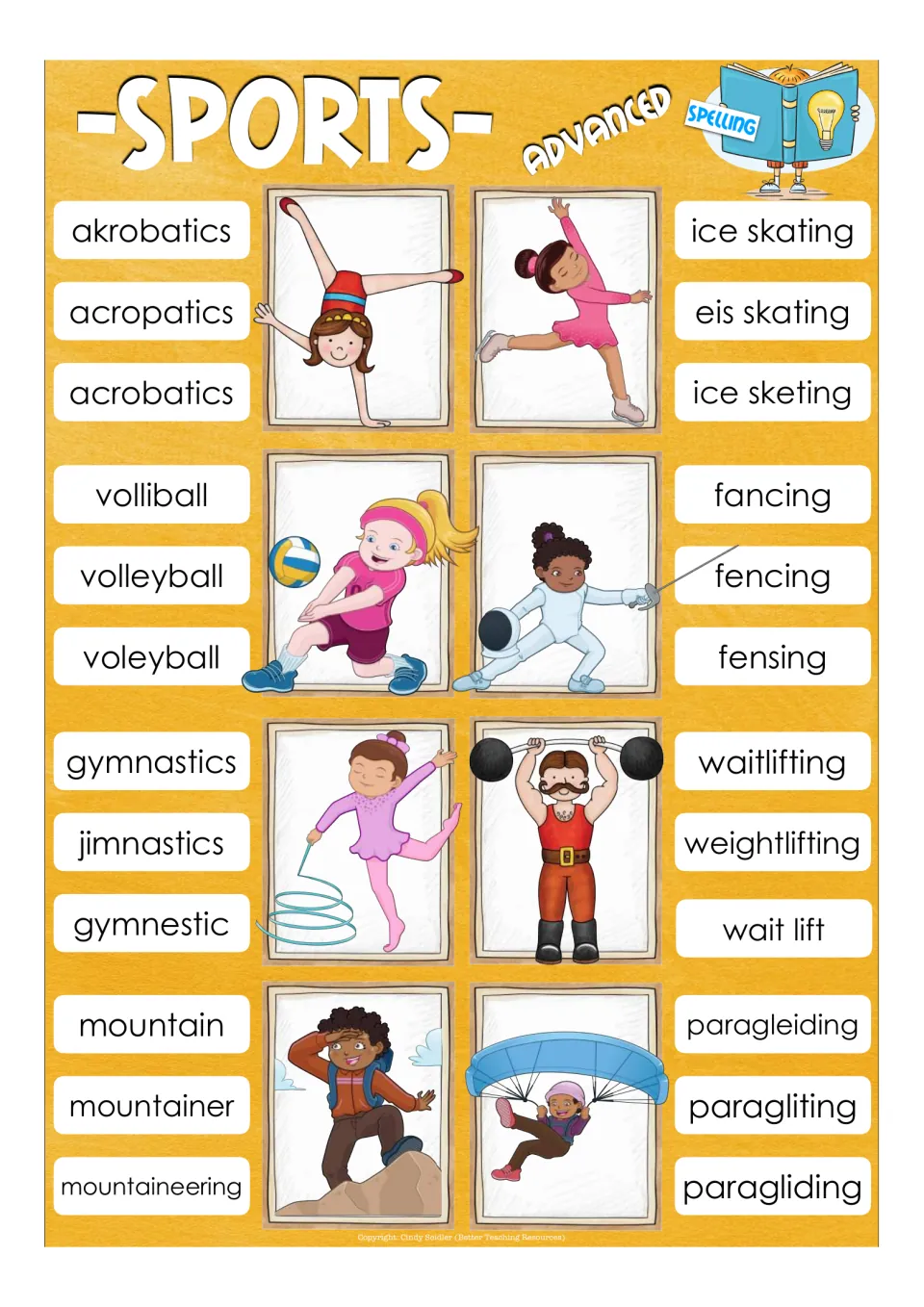 Advanced sports spelling: students clip the correct form among misspellings such as volliball, jimnastics and fensing