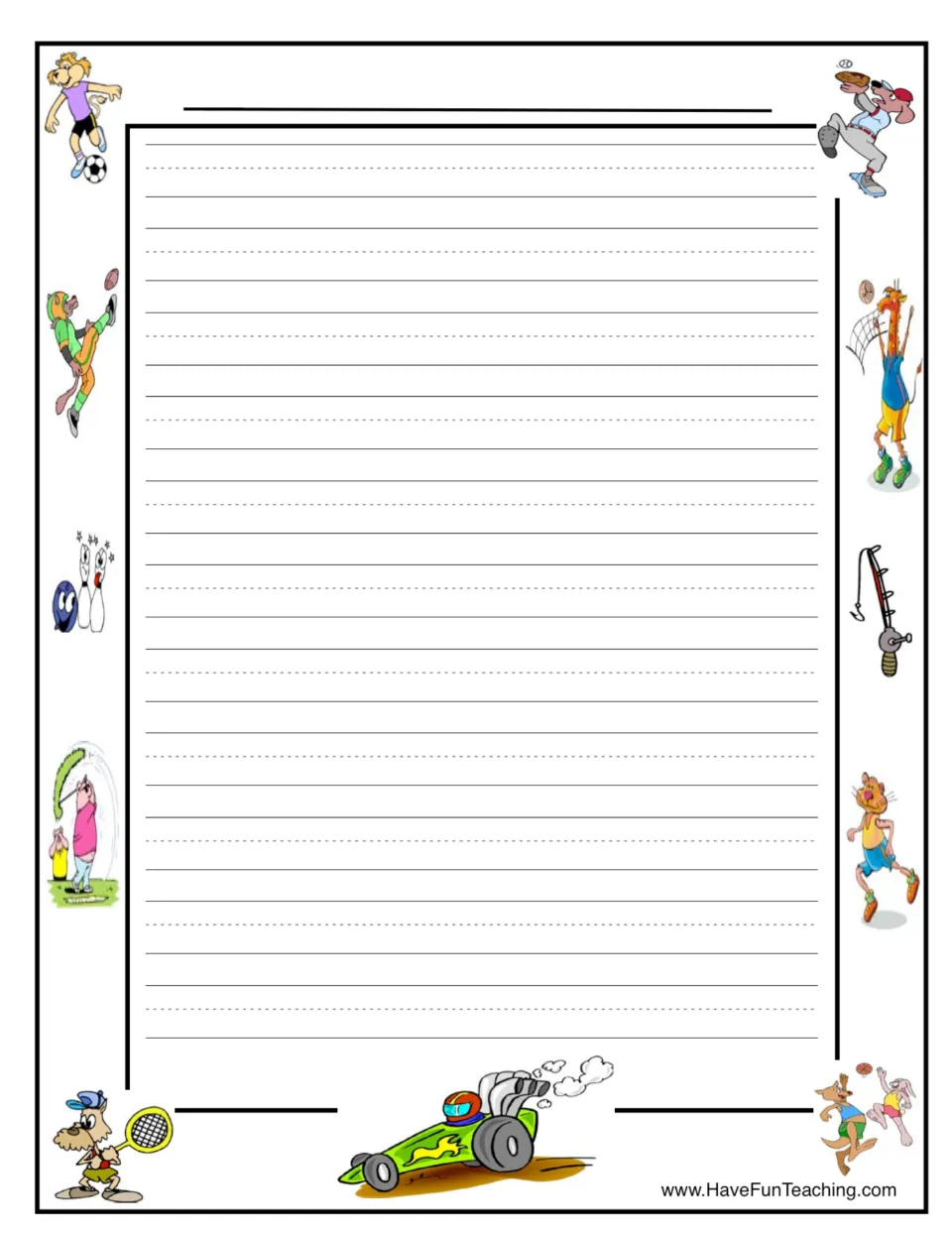 Sports-themed writing paper for a final draft of a sports or fitness writing assignment, with no prompt.