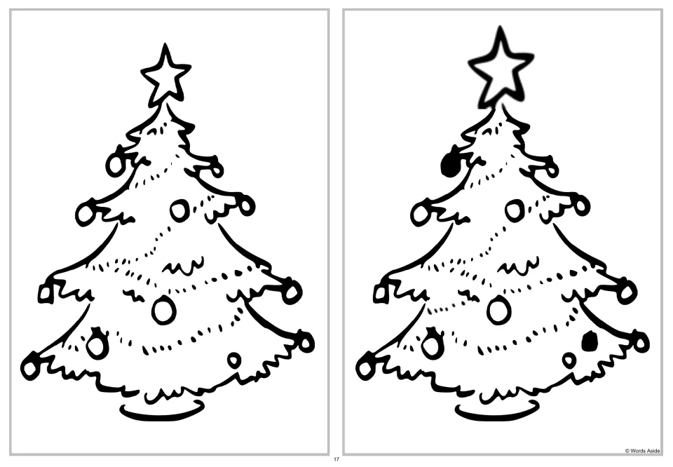 Spot four differences activity comparing two Christmas trees decorated with stars, ornaments, and garlands