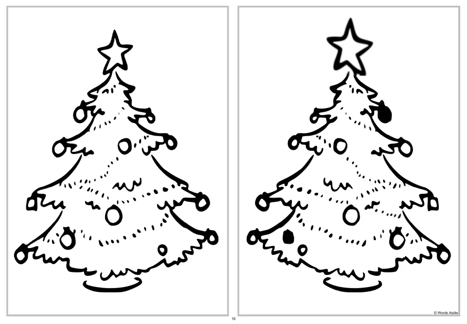 Spot four differences activity comparing a Christmas tree with a horizontally mirrored version beside it