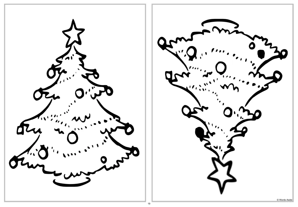 Spot four differences activity comparing an upright Christmas tree with a vertically flipped version