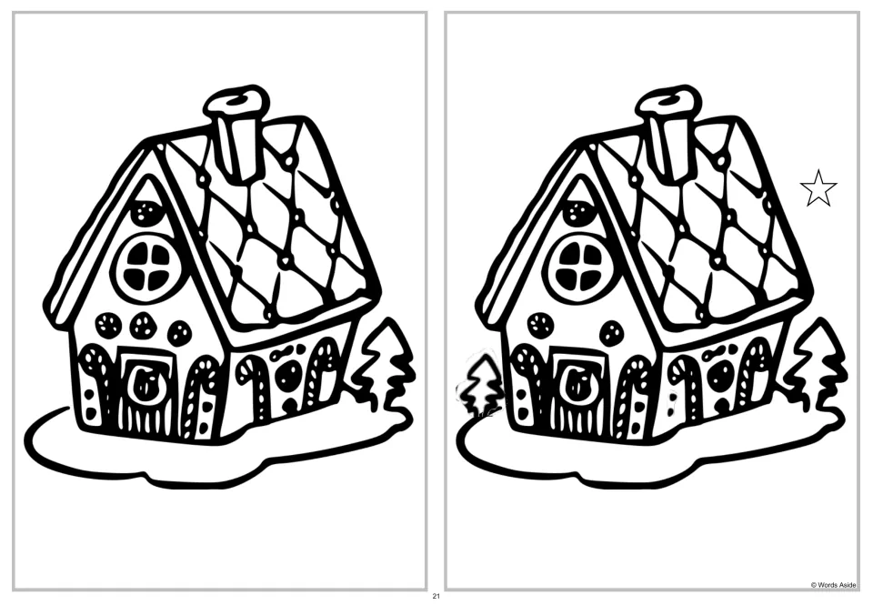 Spot four differences activity comparing two gingerbread houses with candy decorations and nearby trees