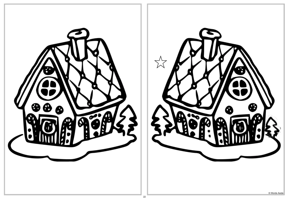 Spot four differences activity comparing a gingerbread house with a horizontally mirrored version