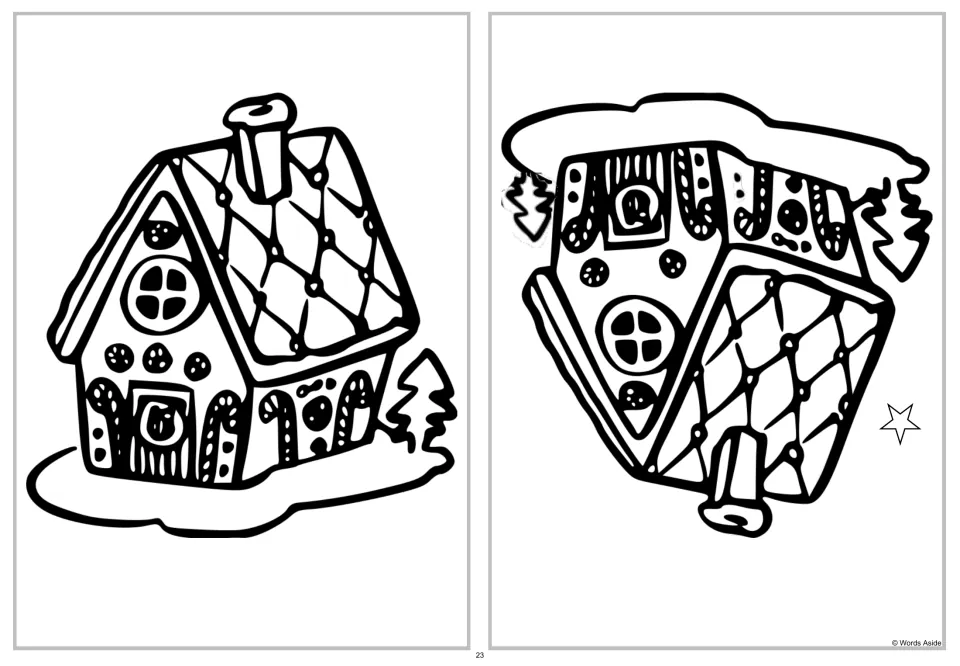 Spot four differences activity comparing an upright gingerbread house with a vertically flipped version