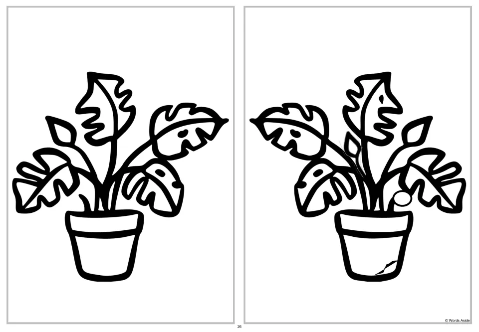 Spot four differences activity comparing a leafy potted plant with a horizontally mirrored version