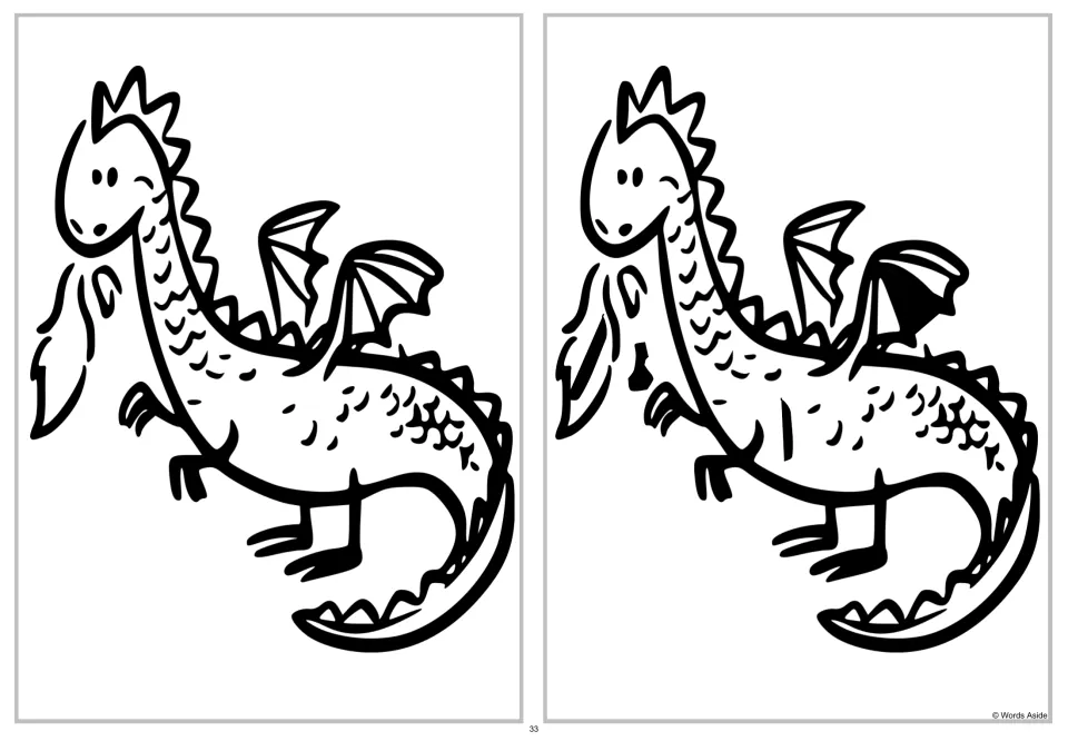 Dragon spot-the-four-differences activity: compare two upright dragons, including their fire and wings