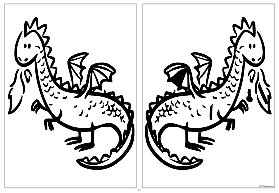Dragon spot-the-four-differences activity: the altered dragon is mirrored horizontally to face right