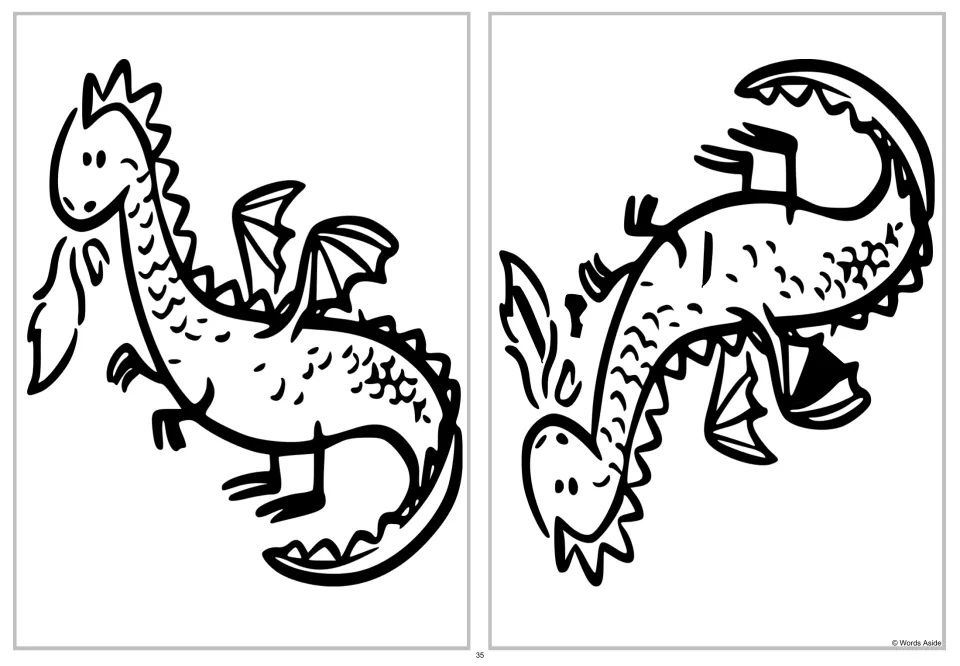 Dragon spot-the-four-differences activity: compare an upright dragon with a vertically flipped dragon