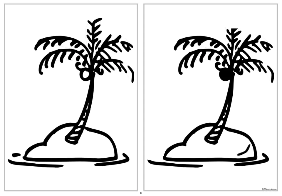 Palm island spot-the-four-differences activity: compare two upright scenes with a palm tree and water