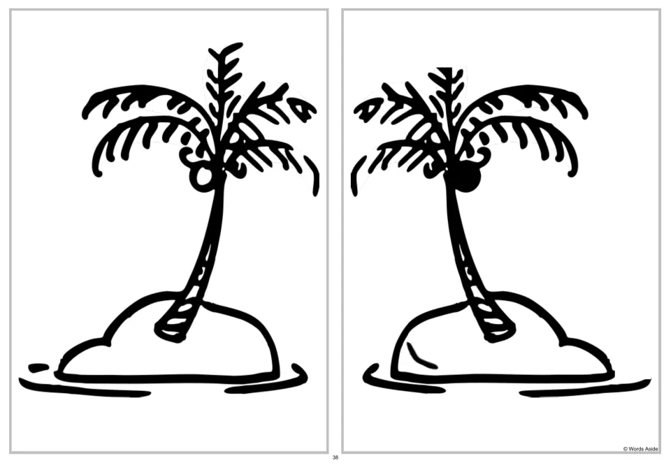 Palm island spot-the-four-differences activity: the altered tree and island are mirrored horizontally