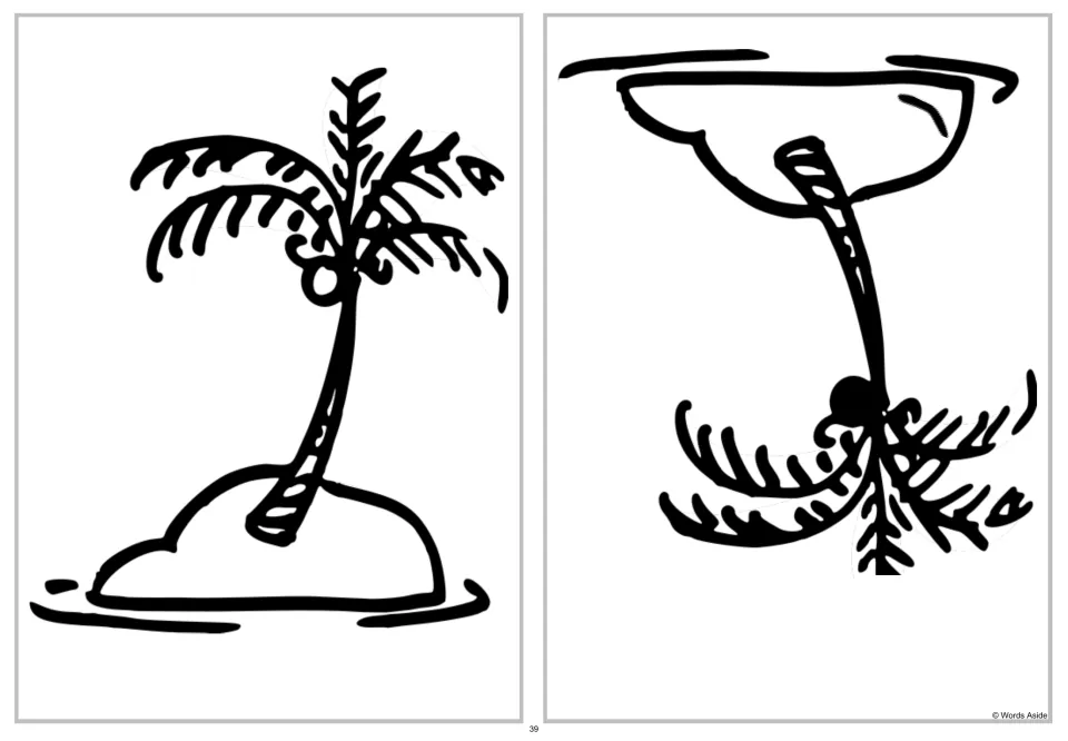 Palm island spot-the-four-differences activity: compare an upright scene with a vertically flipped scene