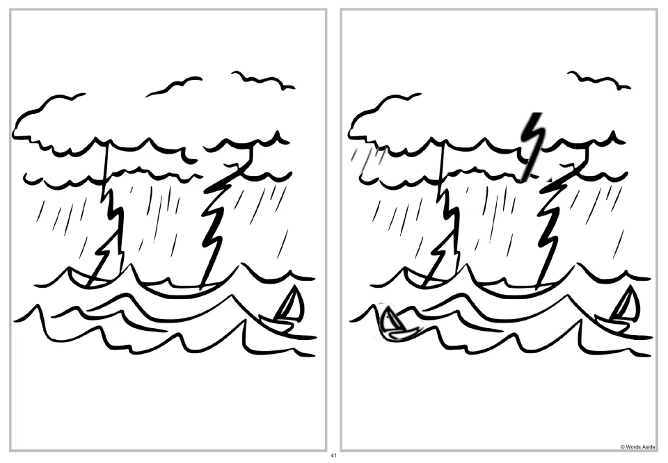 Storm at sea spot-the-four-differences activity: compare upright scenes of clouds, lightning, and boats