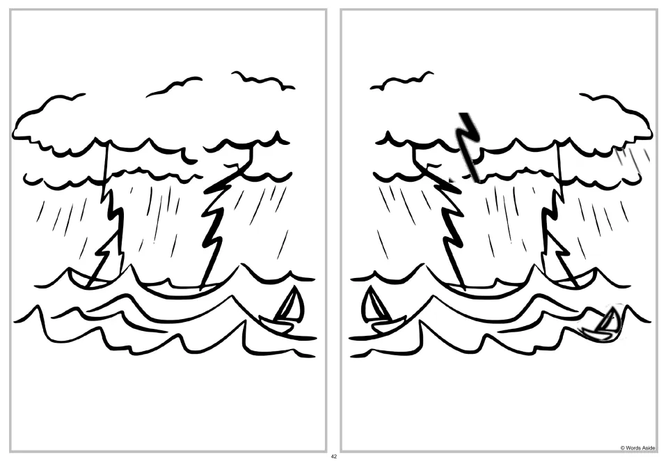 Storm at sea spot-the-four-differences activity: the altered clouds, lightning, and boats are mirrored