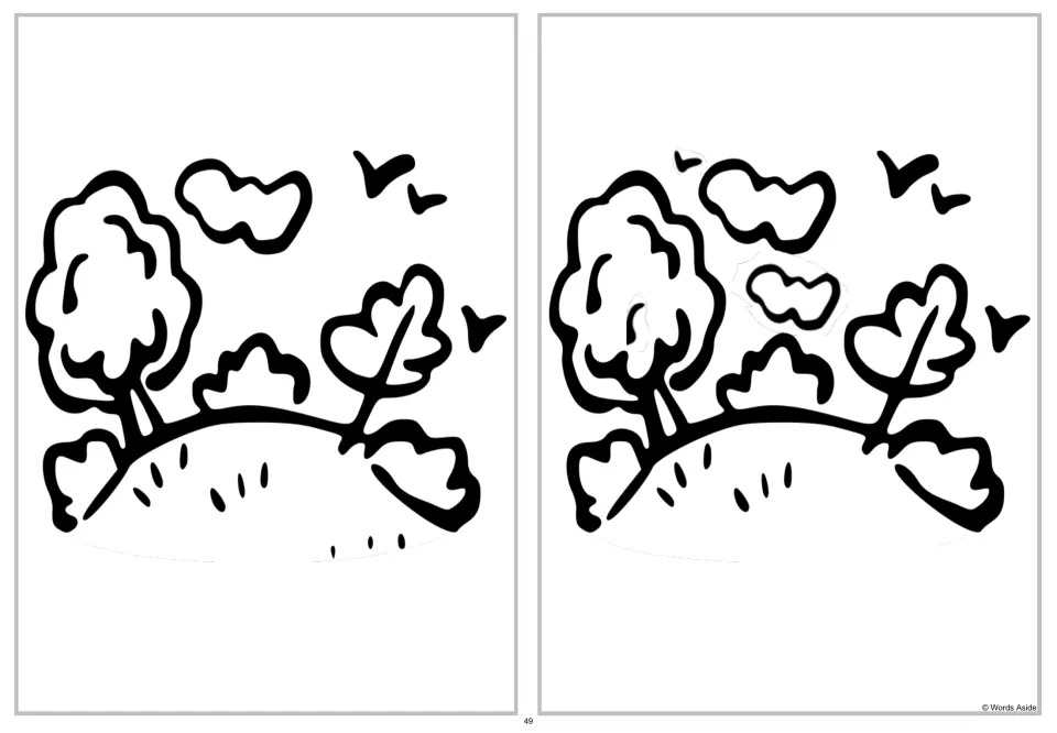 Landscape spot-four-differences puzzle comparing two scenes of trees, clouds, birds, and grass on a hill
