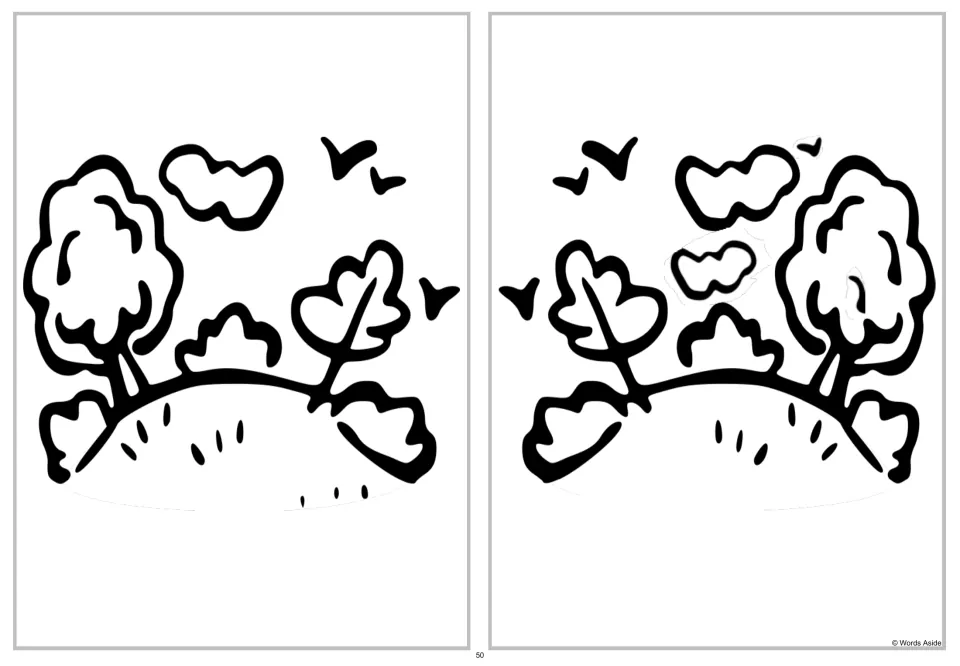 Landscape spot-four-differences puzzle pairing the original scene with a horizontally flipped comparison