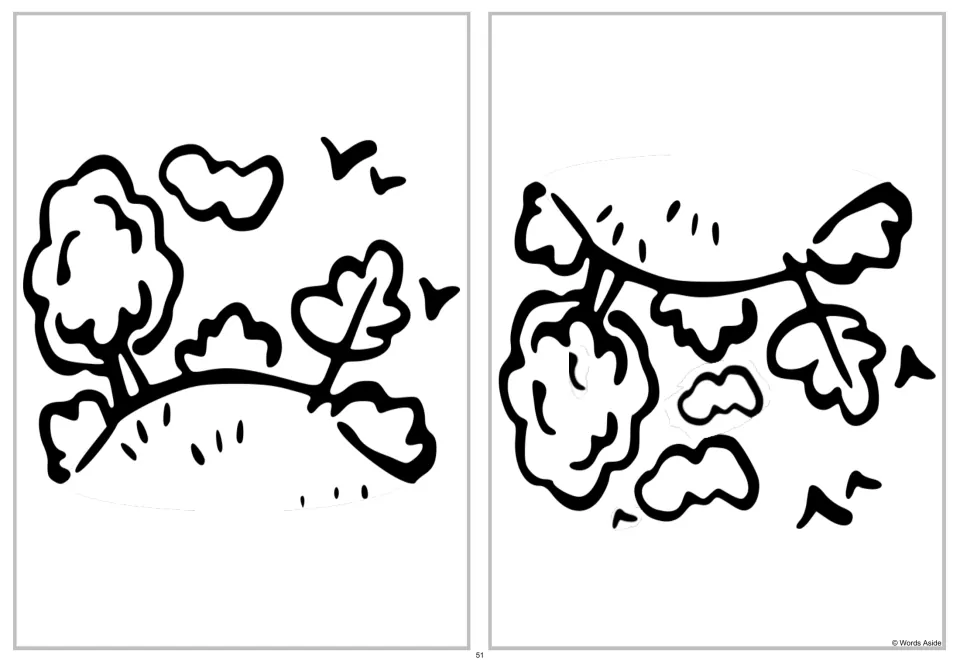 Landscape spot-four-differences puzzle pairing the original scene with a vertically flipped comparison