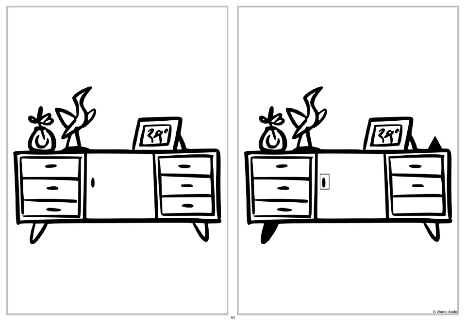 Cabinet spot-four-differences puzzle comparing drawers, legs, a door handle, and objects on the cabinet