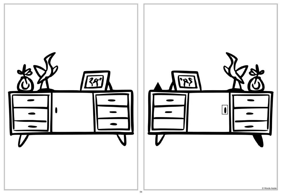 Cabinet spot-four-differences puzzle pairing the original cabinet with a horizontally flipped comparison