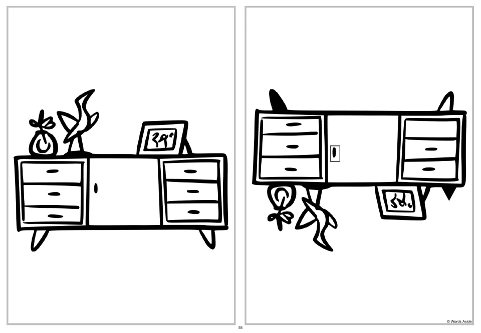 Cabinet spot-four-differences puzzle pairing the original cabinet with a vertically flipped comparison