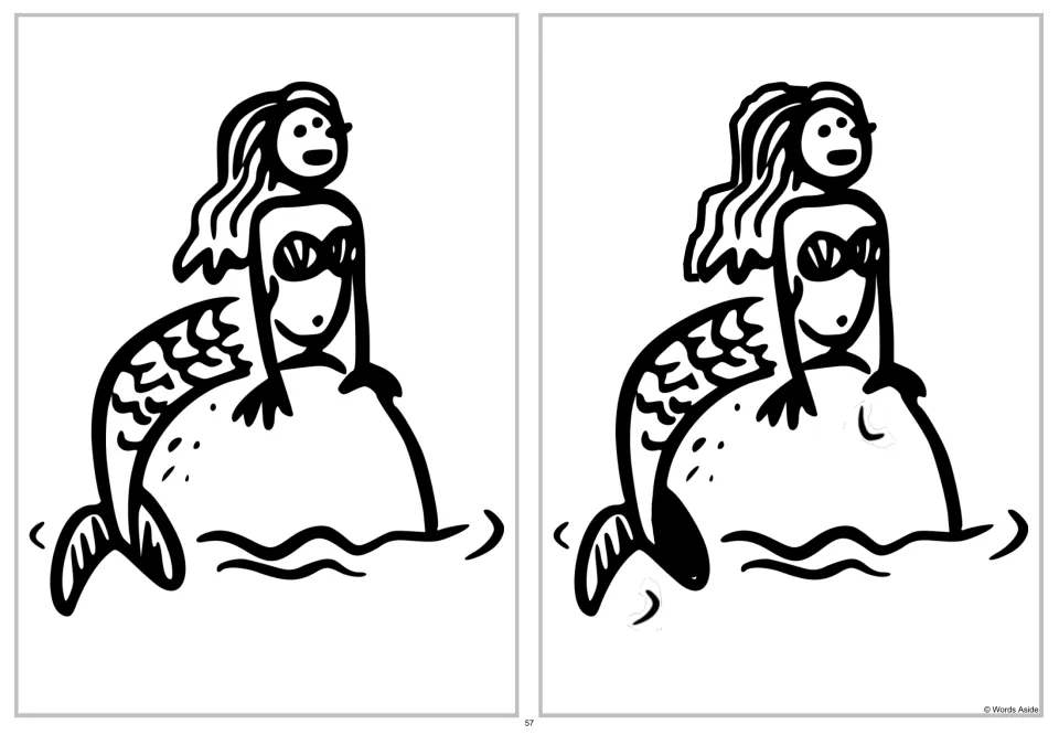 Mermaid spot-four-differences puzzle comparing two mermaids on rocks, including hair, tail, and rock details